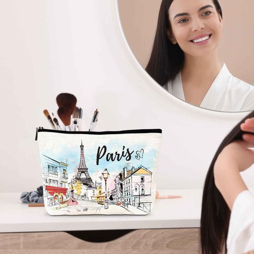 Luvsweets Paris Gifts Travel Essentials - 4Pcs Eiffel Tower Makeup Bag, France Paris City Watercolor Cosmetic Bags with Zipper Pouch, Weekend Vacation Trip Gifts for Travellers Women Girls