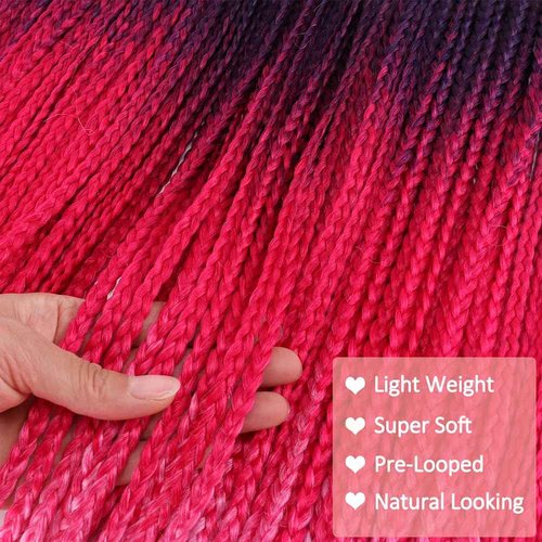 Box Braids Crochet Hair 24 Inch Pre Looped 3X Goddess 6 Packs Ombre Red Pink Box Braids Crochet Hair for Black Women Knotless Straight Braiding Hair Extensions(Purple/Red/Pink#)
