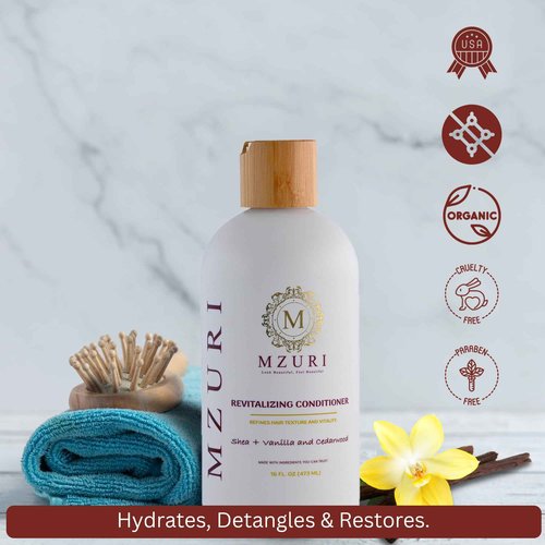 MZURI Revitalizing Conditioner with Shea Butter, Vanilla, & Cedarwood, Moisturizing, Hydrating, and Deep Conditioning Treatment for Frizzy, Dry, Hair, Restorative Leave-In Formula - 16 Fl. Oz