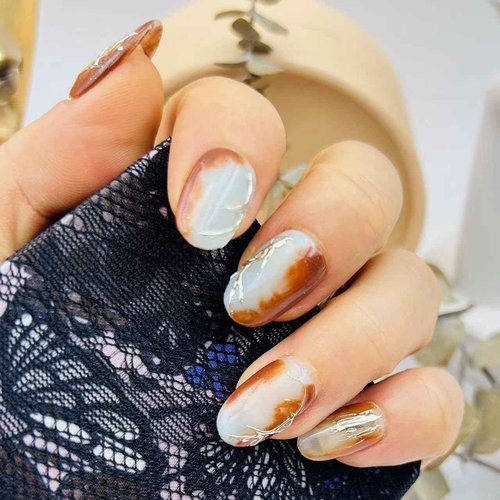Press on Nails Fake Nails Acrylic Brown With Design Medium Length Handmade Painted By Artist For 3d Effect Pink Cat's Eye Glitter Nail Kit with Nail Glue for Women and Girls 10pcs-Medium