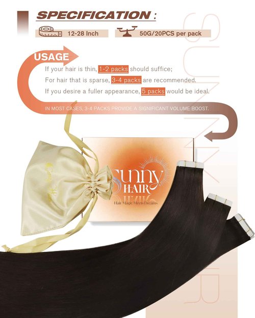 Sunny Hair Tape in Hair Extensions Real Human Hair Invisible Remy Hair Extensions Tape ins for Women Darkest Brown 22 inch 20Pcs 50G