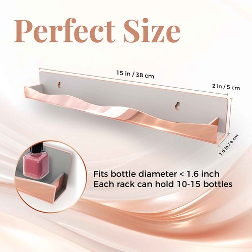 Wall-Mounted Nail Polish Organizer Rack - 15-Inch Rose Gold Mirror Finish Nail Polish Shelf, Makeup & Beauty Essentials Storage - Multi-Purpose Display Holder for Small Space, Vanity Bathroom, 6 Pack