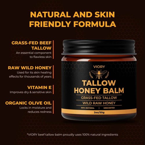 VIORY Tallow and Honey Balm for Face, Beef Tallow for Skin, Moisturizer with 100% Organic Grass-Fed Beef Tallow & Raw Wild Honey - Natural Formula for Dry & Sensitive Skin (Unscented)