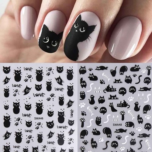 6 Sheets Black Cat Nail Art Stickers Cute Animal Nail Stickers for Nail Art 3D Self-Adhesive Nail Decals Cute Funny Black Cat Sticker Design Holiday Nail Supplies for Women
