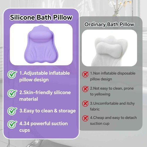Silicone Bath Pillow for Tub Adults, 4D Air-Cushion Bathtub Pillow for Head Neck and Back Support, Non-Slip Suction Cups, Quick-Drying Waterproof Spa Pillow, Easy to Clean & Store,Purple