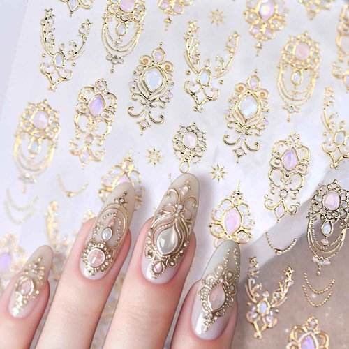 5D Embossed Gemstone Nail Stickers Gold Nail Art Stickers Decals with Gold Mace Design Nail Stickers for Nail Art Mace Style Self-Adhesive Manicure Decoration for Women Nails Supplies