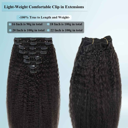 CiTake 16 Inch Yaki Straight Clip in Hair Extensions Real Human Hair for Black Women 90g/8pcs Double Weft 10A Brazilian Kinky Straight Clip ins 100% Virgin Human Hair Clip in Extensions Natural Black