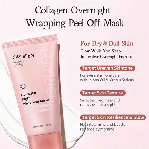 ORDIFEN Collagen Night Wrapping Mask for Glowing Skin, Collagen Overnight Wrapping Peel Off Facial Mask for Elasticity Hydration, Reduce Sagging Dullness, 2.65 fl.oz, Pink(Brush Included)