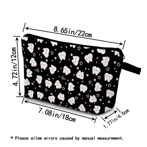 YULUENZE Cartoon Teeth Makeup Bag Black Background Small Organizer Pouch with Zipper Cartoon Tooth Cosmetic Bag Present for Dentists Dental Patients Nurse Women