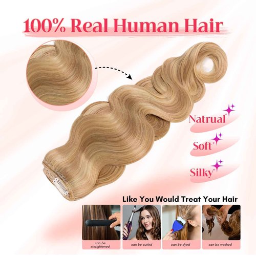 Rich Choices Halo Hair Extensions Real Human Hair Wave Wire In Hair Extensions Human Hair One Piece Clip in Human Remy Hair Halo Hair Extension 12 Inch #18P613 Ash Blonde Mixed Bleach Blonde