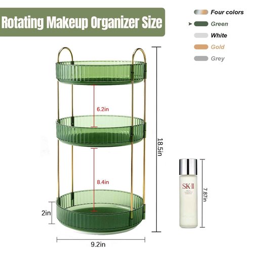 Weidace 360 Rotating Makeup Organizer for Vanity, Bathroom Countertop Spinning Perfume Organizer, High-Capacity Cosmetic and Skincare Dresser Make Up Holder Rack (3 Tiers, Green)