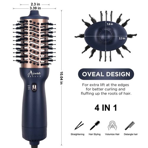 Aima Beauty Worldwide Travel Hair Dryer Brush 110-240V Dual Voltage Blow Dryer Brush Hot Air Brush Oval Barrel 360° Hot Airflow, Negative Ionic Frizz-Free Dry/Straightening/Voluming,Prussian Blue