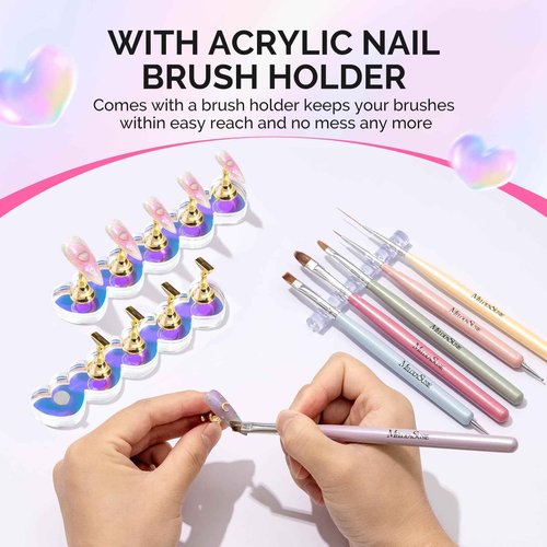 MelodySusie Nail Stand for Press Ons, Blue Heart Shape Magnetic Base for Practice Display Tips with Brush Holder and 100 Pcs Reusable Double-Sided Tape for Home DIY Salon Supplies