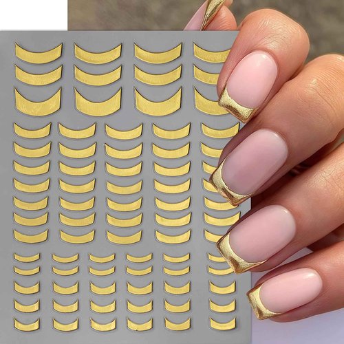 8 Sheets French Stripe Line Nail Stickers 3D Self-Adhesive Metal Strip French Nail Decals Gold Silver Geometric Waved Nails Design French Line Nail Supplies for Women DIY Nail Decoration Kits