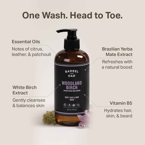 Barrel & Oak Woodland Birch Body Care Set for Men, All-in-One Body Wash, Exfoliating Bar Soap, & 2-in-1 Shampoo and Conditioner Set, Hydrating Grooming Kit, Vegan Gifts for Men, 3-Pack