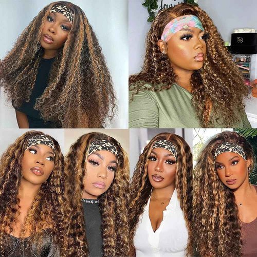 YiweYowe 24 Inch P1B27 Highlight Headband Wig Human Hair 150% Density Grade 8A Unprocessed Brazilian Virgin Hairs Machine Made Blonde Deep Wave Headband Wig Human Hair For Woman