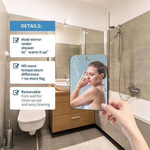 Shatterproof Shower Mirror Fogless for Shaving,(Medium 8x6 in) Anti Fog Shaving Mirror No Fog Free Holder NO-Drilling Waterproof, Small Wall Mounted Bathroom Accessories Camping Hanging Men