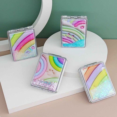 DOOSAI Cute Rainbow 4 Pcs Pocket Mirror Kits for Purse, Quicksand Portable Small Travel Makeup Mirror with 1X/2X Magnifying, Square Foldable PU Leather Cosmetic Mirror for Children and Girls