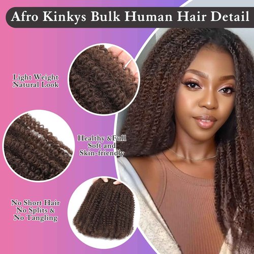 Afro Kinkys Bulk Human Hair for Dreadlocks Extensions Repair Locs, Twist Braiding Afro Kinky Human Hair for Locs Brown Color 20 inches for Micro Locs Extensions 1 Pack 30 Gram(4#/20inch/30g)