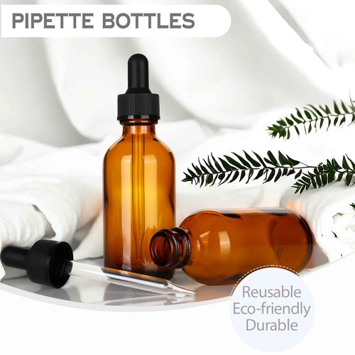 ALIFEIA 2 oz Amber Glass Dropper Bottles,4 Pack 60ml Empty Reusable Leak Proof Thick Tincture Bottles for Essential Oils,Hair Oil,Liquids,Laboratory,Pharmacist Bottle,Massage,Perfumery Aromatherapy