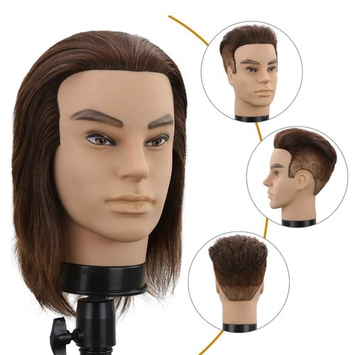 Male Mannequin Head Men Mannequin Head Human Hair Hairdresser Manikin Head Barber Mannequin Head Male Training Doll Head for Hair Styling and Practice (Dark Brown)
