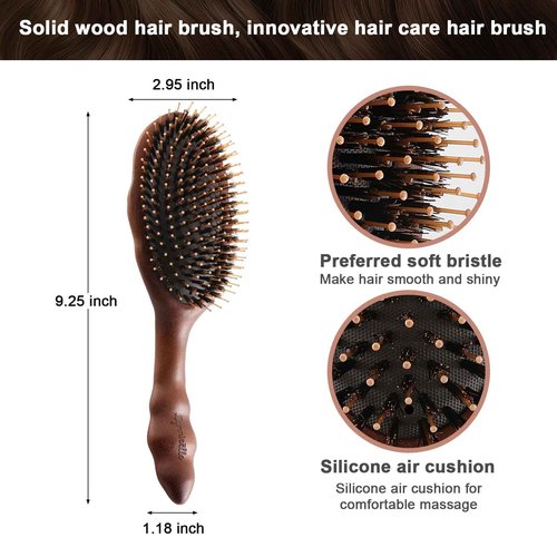 Lynnieëlle Premium Solid Wood Hair Brush, Nylon & Boar Bristle With Cushion Base, Exquisite Design, Detangling Hairbrush for all hair types