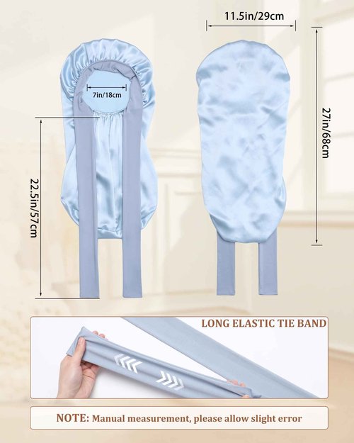 AWAYTR Long Silk Bonnet for Sleeping - 100% Mulberry Silk Bonnet for Women Long Hair Sleep Cap with Elastic Tie Band (Sky Blue)