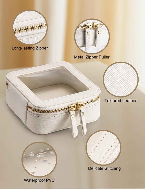 Mini Makeup Bag for Purse | Clear Travel Leather Toiletry Bag with Zipper | Car Organizer Bag | Small Waterproof Cosmetic Organizer Case for On-the-Go Essentials(White)