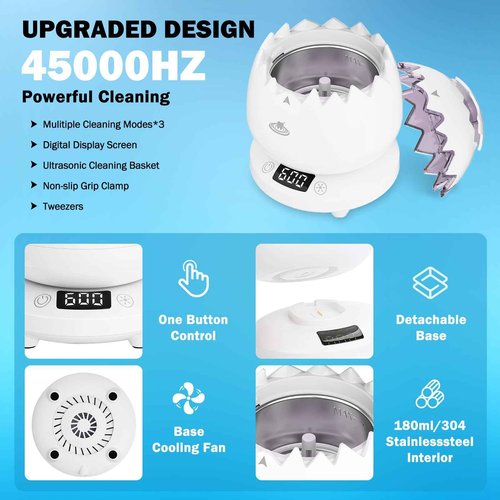 Ultrasonic Retainer Cleaner Machine for Denture, 45kHz Dental Cleaning Pod with Digital Timer, 3 Modes Waterproof Ultrasonic Denture Cleaner for Mouth Guard, Aligner, Jewelry, Braces,Rings,Necklaces