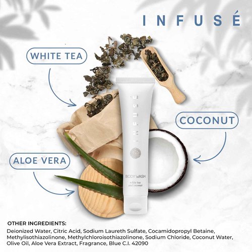 1-Shoppe Amenities Set | Infuse Pure White Tea & Coconut Hotel Body Wash | Bulk 1oz Travel Size Body Wash | Case of 20