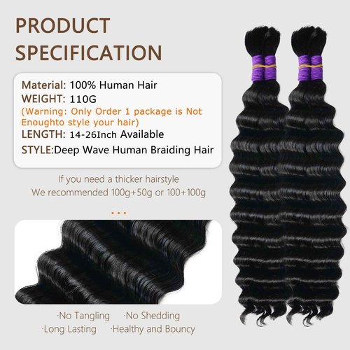 Human Braiding Hair for Boho Braids Deep Water Wave Crochet Hair Extensions Boho Hair for Braiding 12A 110g 2 Bundles/Pack Natural Color Pre-Stretched 16 Inch