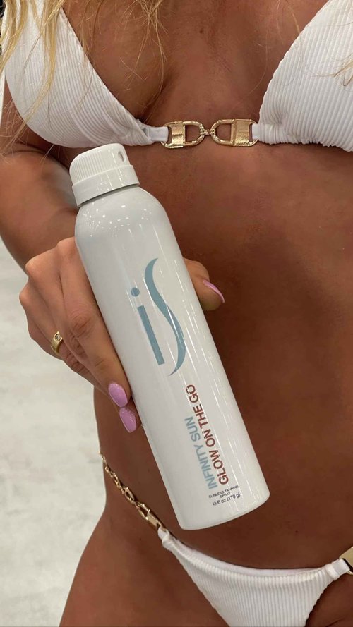 Infinity Sun, Glow on the Go | Quick drying, non-sticky Self Tanner Bronze Spray, Sunless Tanning and Antiaging Skin Care Spray for all Skin Tones | Natural Ingredients Streak Free | 3.4 fl oz