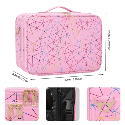 MONSTINA Professional Makeup Case Bag|3 Layers Large Capacity Cosmetic Organizer Brush Bag,Barber Train Case Makeup Artist Box,PU Leather Stylish Geometric Reflection Patterns Pink