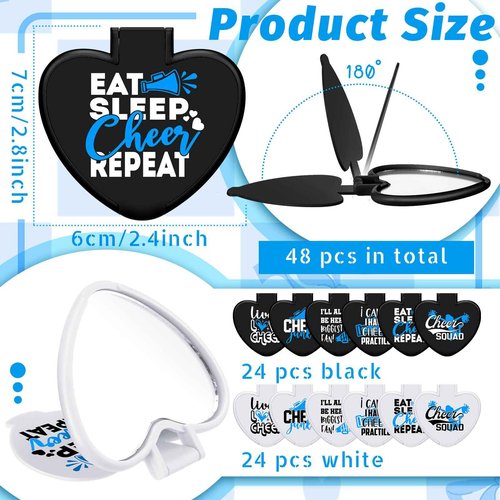 Threehoney 48 Pcs Cheerleader Mirror Gifts Bulk Cheerleading Compact Mirror Bulk Mini Heart Shaped Folding Pocket Makeup Purse Cheer Inspirational Cheer Gifts Party Favors for Team (Blue)