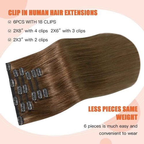 UGOTRAYS Light Brown Hair Extensions Clip in Human Hair 18 Inch 70g 7pcs Remy Hair Silky Straight 16clips One Pack for Women #6 Chestnut Brown Hair Extensions