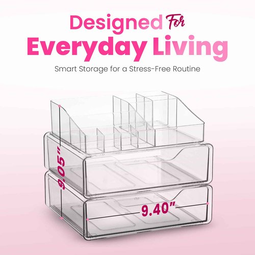 Clear Makeup Organizer - Acrylic Cosmetic Vanity Storage Organizers for Girls Dresser, Bathroom, Desk Counter - Plastic Make Up Holder, Jewelry Box (2-Drawer | Multi Compartments)
