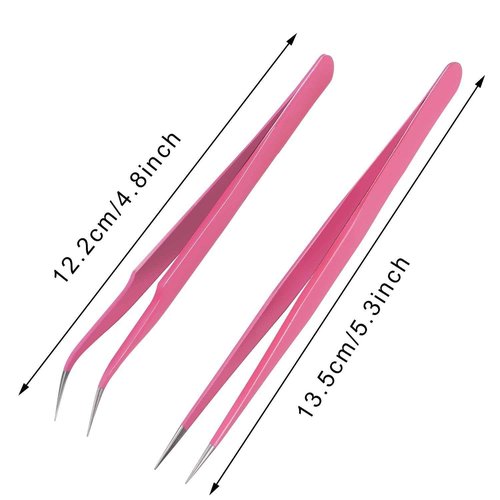 Hotop 2 Pieces Straight and Curved Tip Tweezers Eyelash Extension Tweezers, Stainless Steel False Lash Application Tools (Pink)