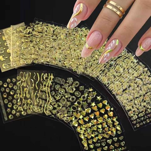 30 Sheets Gold Line Nail Art Stickers Gold Leaf Flower Nail Decals 3D Self-Adhesive Nail Art Supplies Charms for Nails Art Manicure Tips Decoration