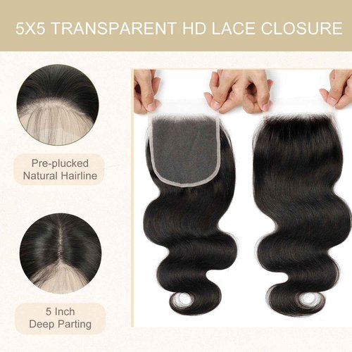 5x5 Transparent HD Lace Closure Human Hair Invisible HD Lace Closure Pre-plucked Virgin Human Hair Natural Black with Baby Hair(12Inch,Body Wave)
