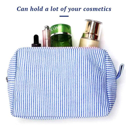Seersucker Cosmetic Bag, Large Makeup Pouch Travel Toiletry Case with Zipper Closure Seersucker Cosmetic Organizer for Women Girls