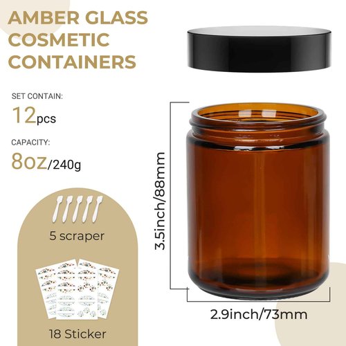 Waymind 12 Pack 8 oz Amber Round Glass Jars, 240 g Empty Cosmetic Containers with Inner Liners, Black Plastics Lids Glass Jars with Lables for Cosmetics, Face Cream, Lotion, Ointments and DIY Candle