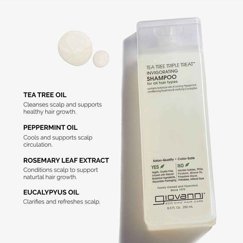 GIOVANNI Tea Tree Triple Treat Invigorating Shampoo - Cooling Peppermint, Eucalyptus & Rosemary, Strengthen & Rejuvenate Hair & Scalp, Salon Quality, Paraben Free, Tea Tree Shampoo - 24 oz (Pack of 2)