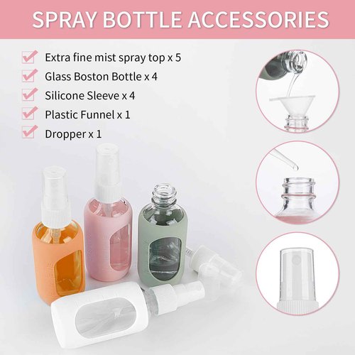 HOMBYS Empty Clear Glass 2oz Small Spray Bottles with Silicone Sleeve Protection - Refillable Containers for Travel, Cleaning Solutions, Essential Oils, Sanitizers - Fine Mist Spray - 4 Pack-Clear