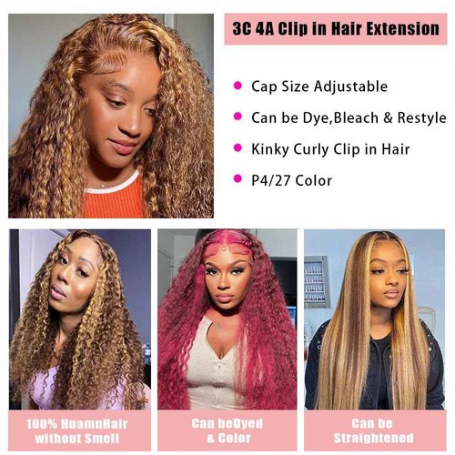 Highlight P4/27 Kinky Curly Clip Ins 12 Inch 110g 8pcs 3C 4A Curly Clip In Hair Extensions Real Human Hair Full Head for Women 100% Brazilian Remy Human Hair Extensions with 20 Clips #4/27