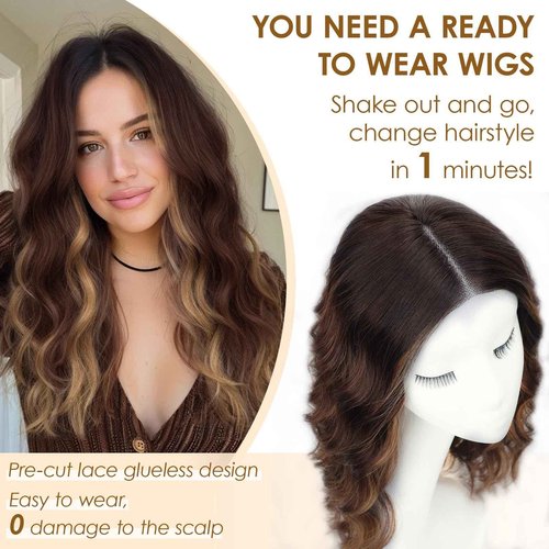 AISI HAIR Highlights Brown Wig for Women Medium Length Wave Curly Glueless Synthetic Heat Resistant Hair Wigs for Daily Party Cosplay