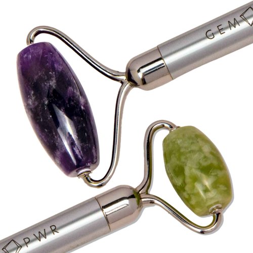 GEM PWR Amethyst + Jade Roller for Face and Neck Massage, Dual Gemstones with Durable Steel Handle and Travel Bag. Minimize Wrinkles, Reduce Puffiness and Restore Skin's Elasticity and Radiance