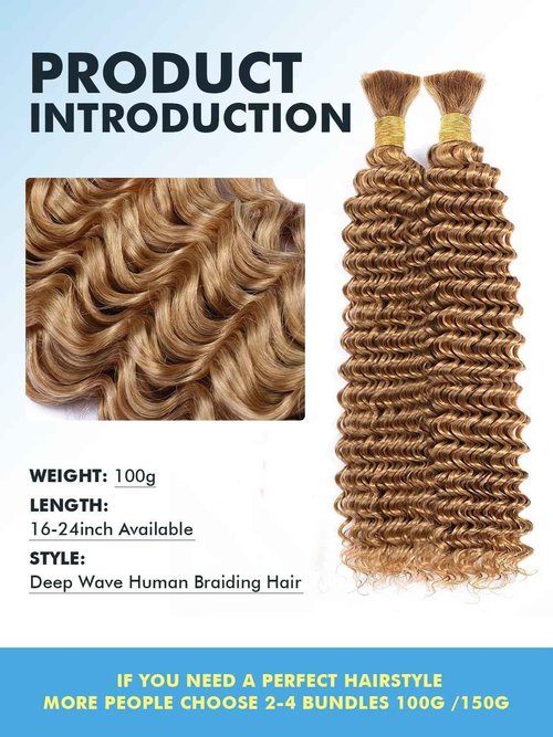 Human Braiding Hair for Boho Braids 100g 16 Inch Honey Blonde Curly Boho Hair for Braiding Knotless 12A Deep Wave Bulk Bohemian 2 Bundles/Pack Color 27