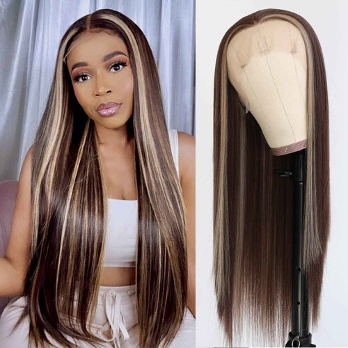 Lovestory Brown Hair Highlights 13x3 Synthetic Lace Front Wigs Long Straight Blonde Highlights Hair Wig Heat Resistant Synthetic Lace Front Wigs for Fashion Women