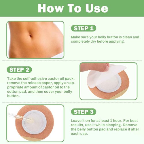 Castor Oil Belly Button Patch Set – 60pcs Castor Oil Patches in 3 Shapes with 4oz Organic Cold-Pressed Castor Oil Glass Bottle – Disposable, Leakproof, Skin-Friendly Castor Oil Pack Wrap