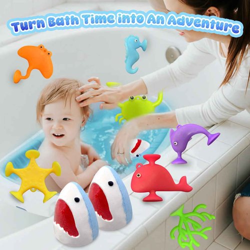 Shark Bath Bombs for Kids, 8 Surprise Bath Bombs with Sea Aninmals Inside & 4 Suction Cup Toys Outside, Natural Handmade Bubble Bath Ball Gift for Boys Girls Birthday Christmas